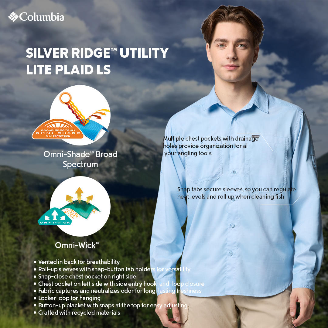 Columbia Mens Blue Omni-Shade Broad Spectrum Silver Ridge Utility Lite Plaid Long Sleeve Shirt