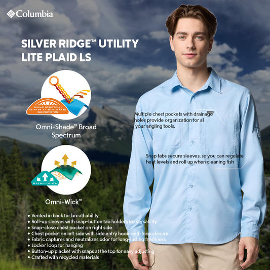 Columbia Mens Blue Omni-Shade Broad Spectrum Silver Ridge Utility Lite Plaid Long Sleeve Shirt
