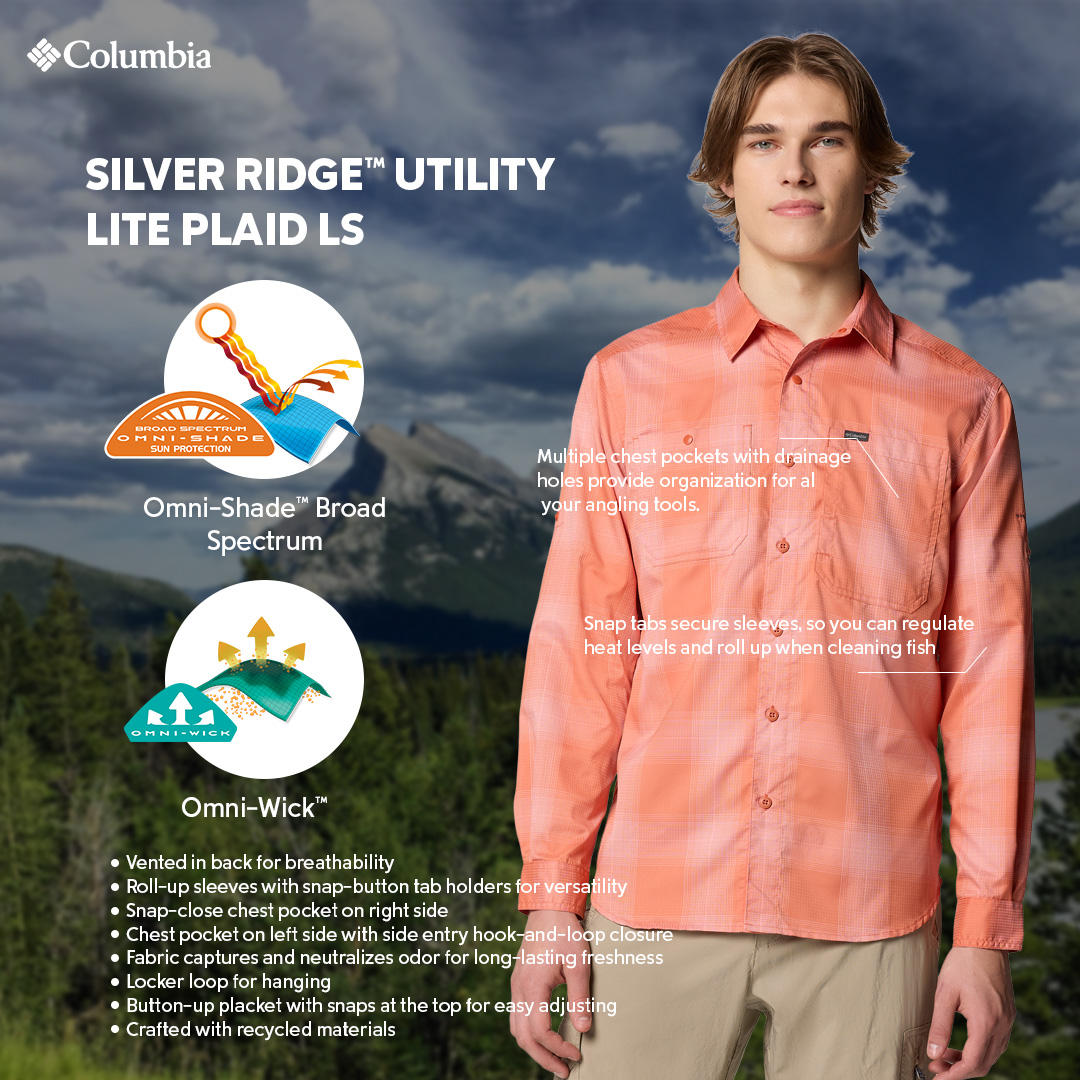 A Men Wearing Columbia Men Red Silver Ridge Utility Lite Plaid LS (Sun Protection)