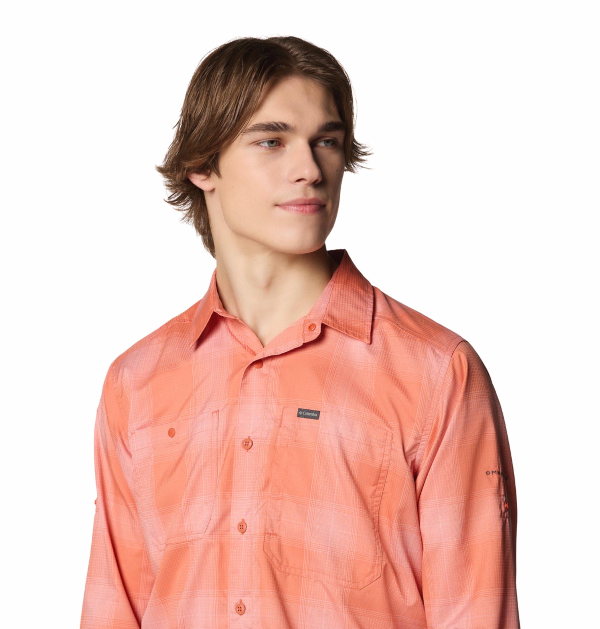 A Men Wearing Columbia Men Red Silver Ridge Utility Lite Plaid LS (Sun Protection)