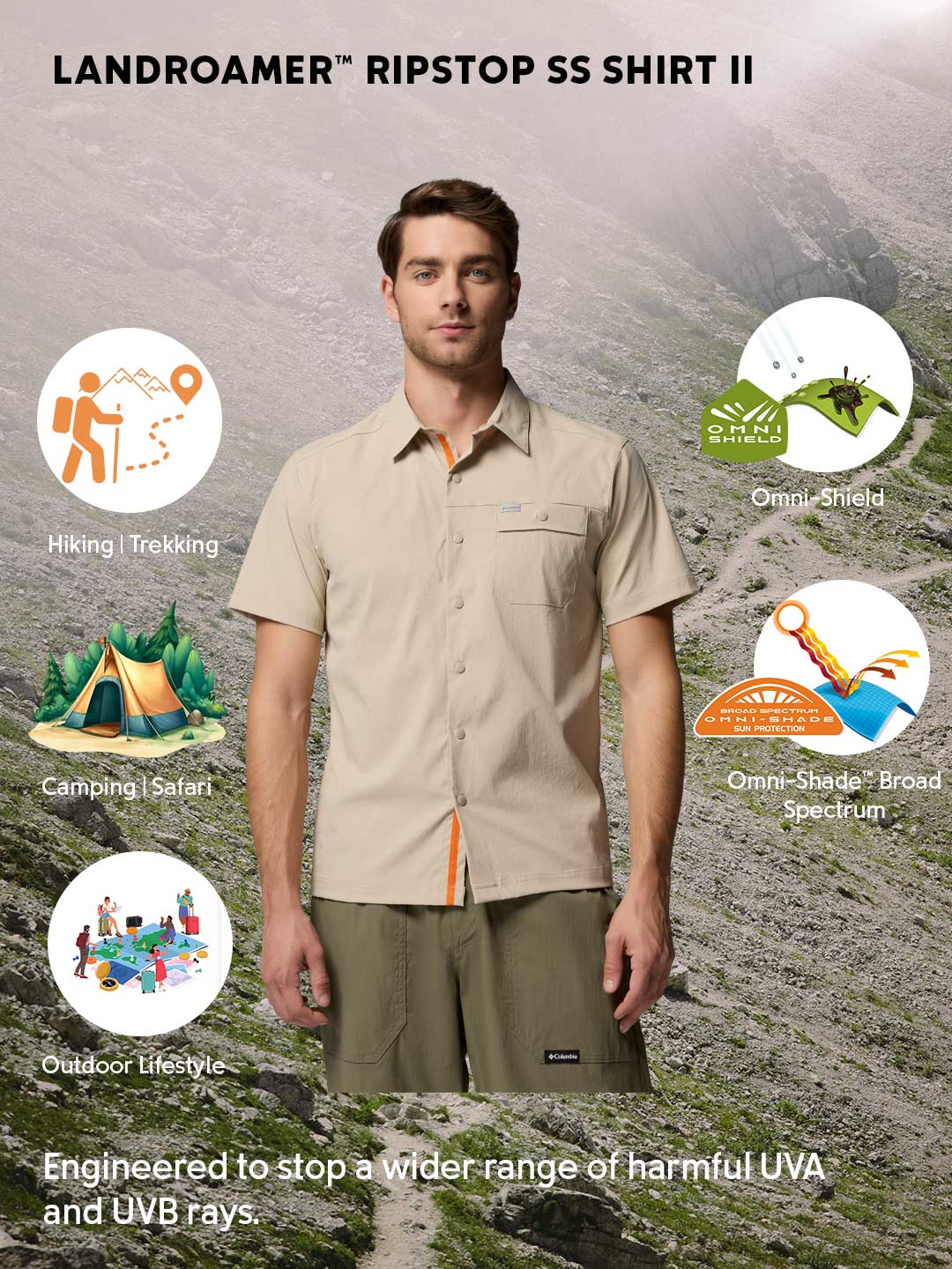 Columbia Men Beige Omni-Shade Landroamer Ripstop II Short Sleeve Shirt