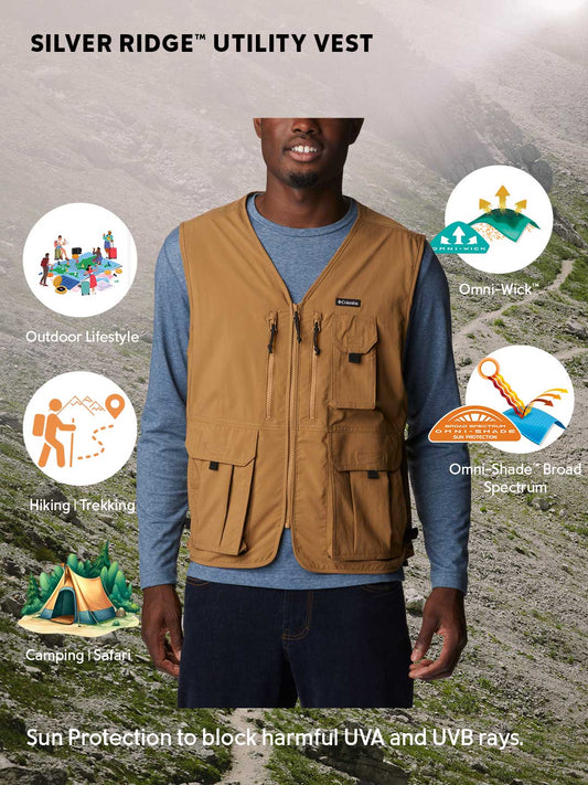 Columbia Men Brown Omni-Shade Silver Ridge Utility Vest with Superior Sun Defense