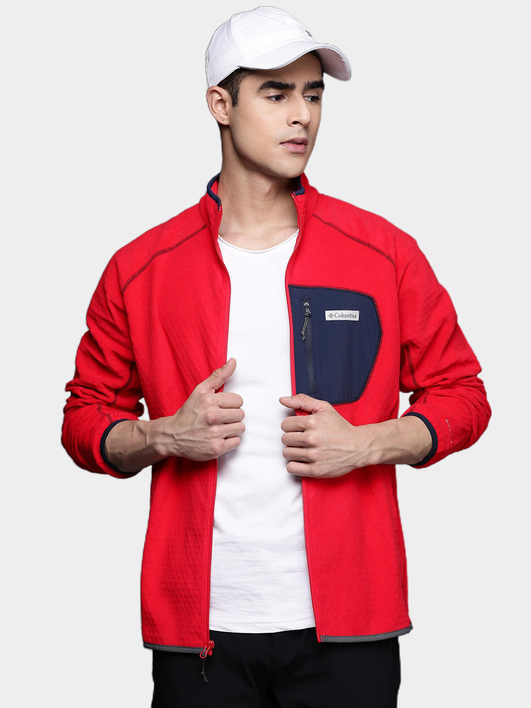 A Men Wearing Columbia Men Red M Outdoor Tracks Full Zip