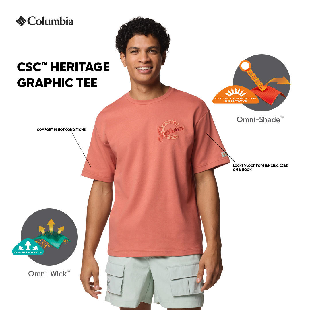 A Men Wearing Columbia Men Red CSC Heritage Graphic Tee (Sun Protection)