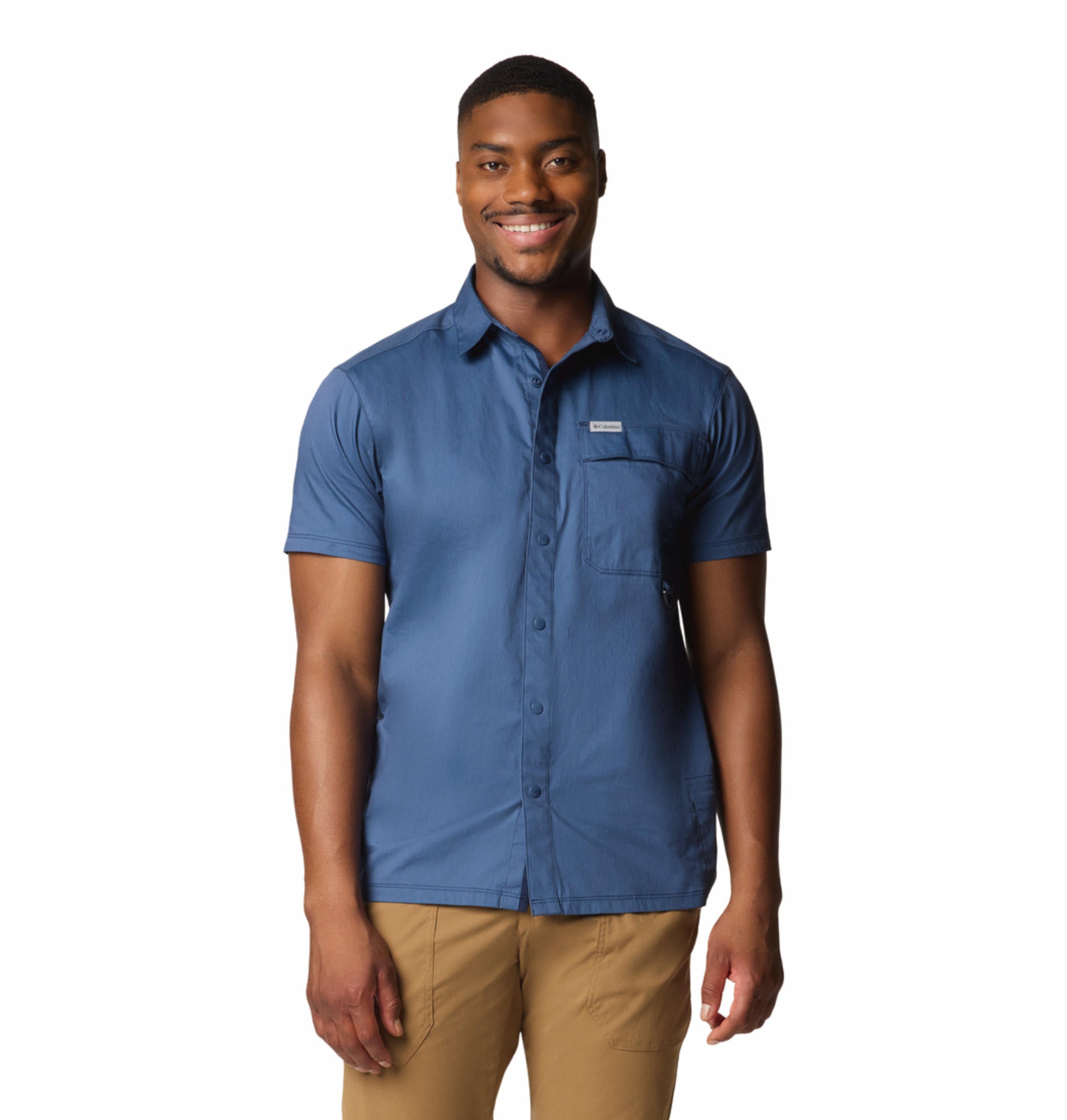 A Men Wearing Columbia Men Blue Landroamer Twill SS Shirt