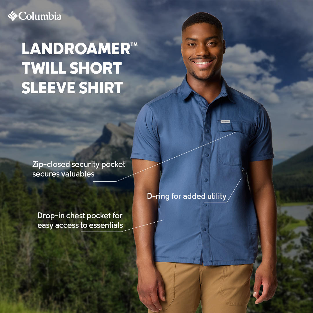 A Men Wearing Columbia Men Blue Landroamer Twill SS Shirt