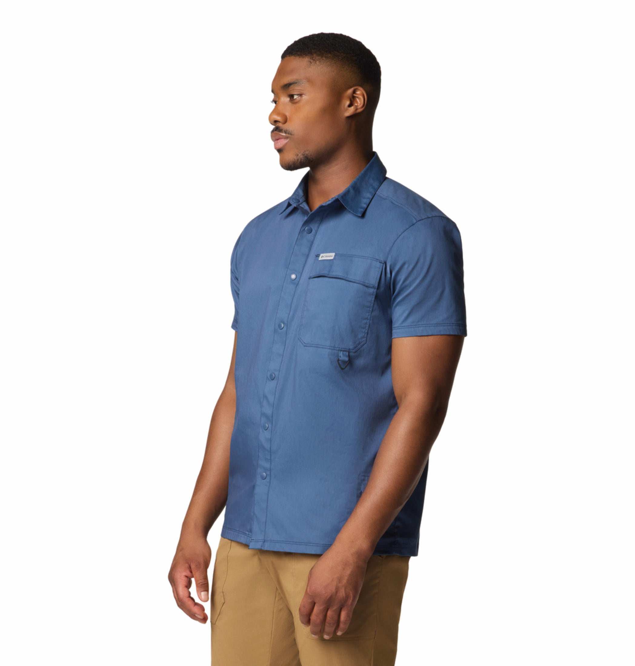 A Men Wearing Columbia Men Blue Landroamer Twill SS Shirt