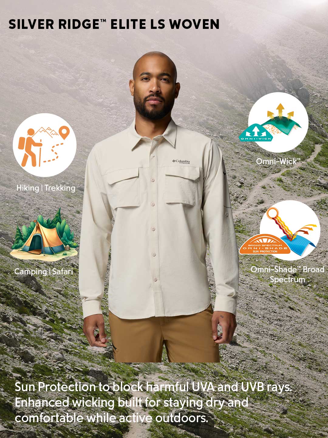 Columbia Men Beige Omni-Shade Silver Ridge Elite Long Sleeve Shirt