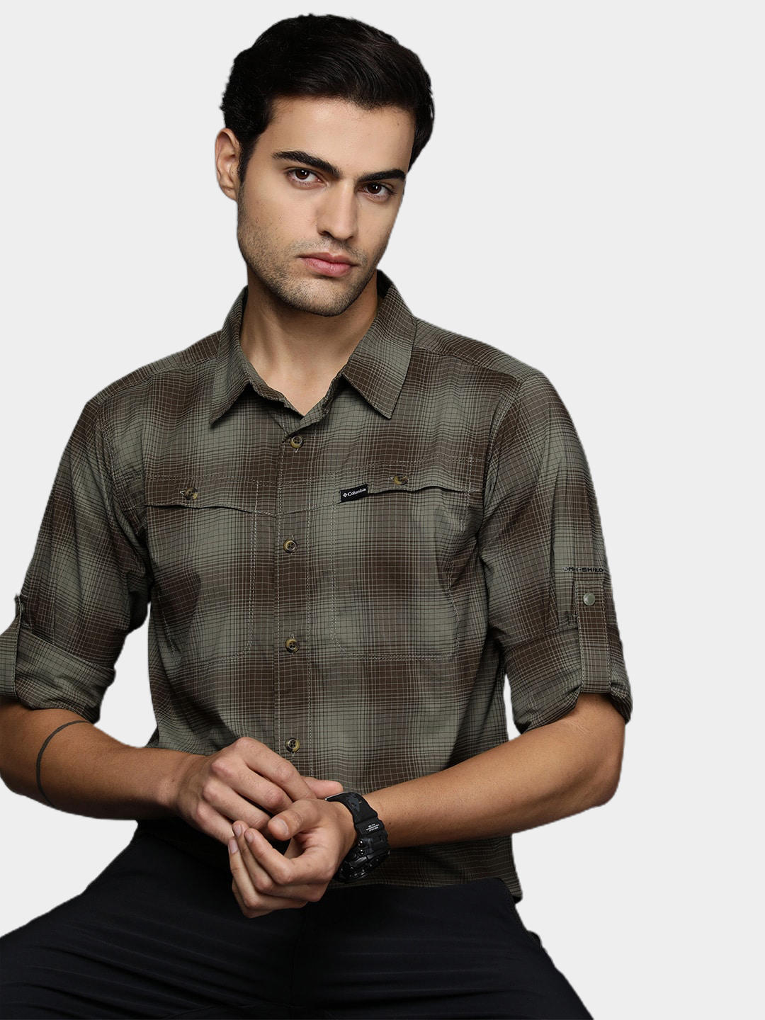 Columbia Men Green Newton Ridge II Plaid Long Sleeve (Sun Protection)