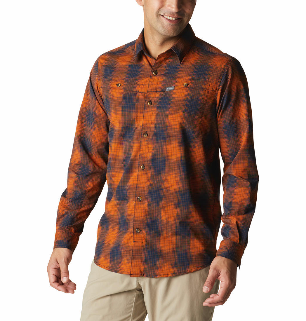 Columbia Men Orange Newton Ridge II Plaid Long Sleeve (Sun Protection)