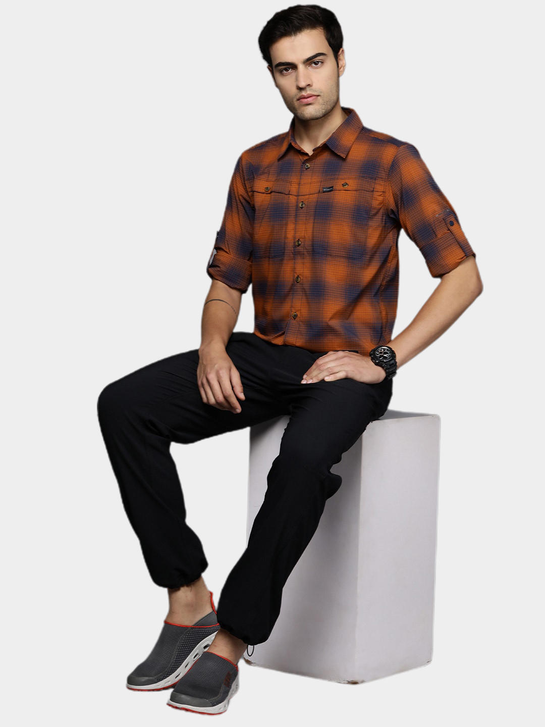 Columbia Men Orange Newton Ridge II Plaid Long Sleeve (Sun Protection)