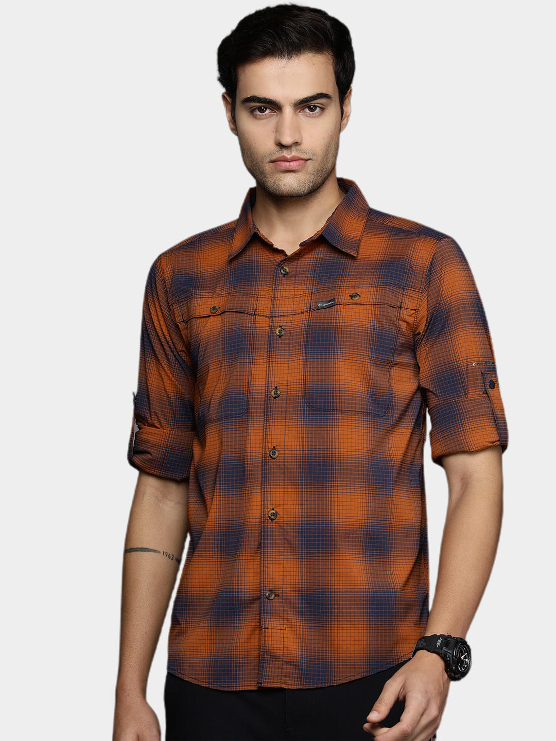 Columbia Men Orange Newton Ridge II Plaid Long Sleeve (Sun Protection)