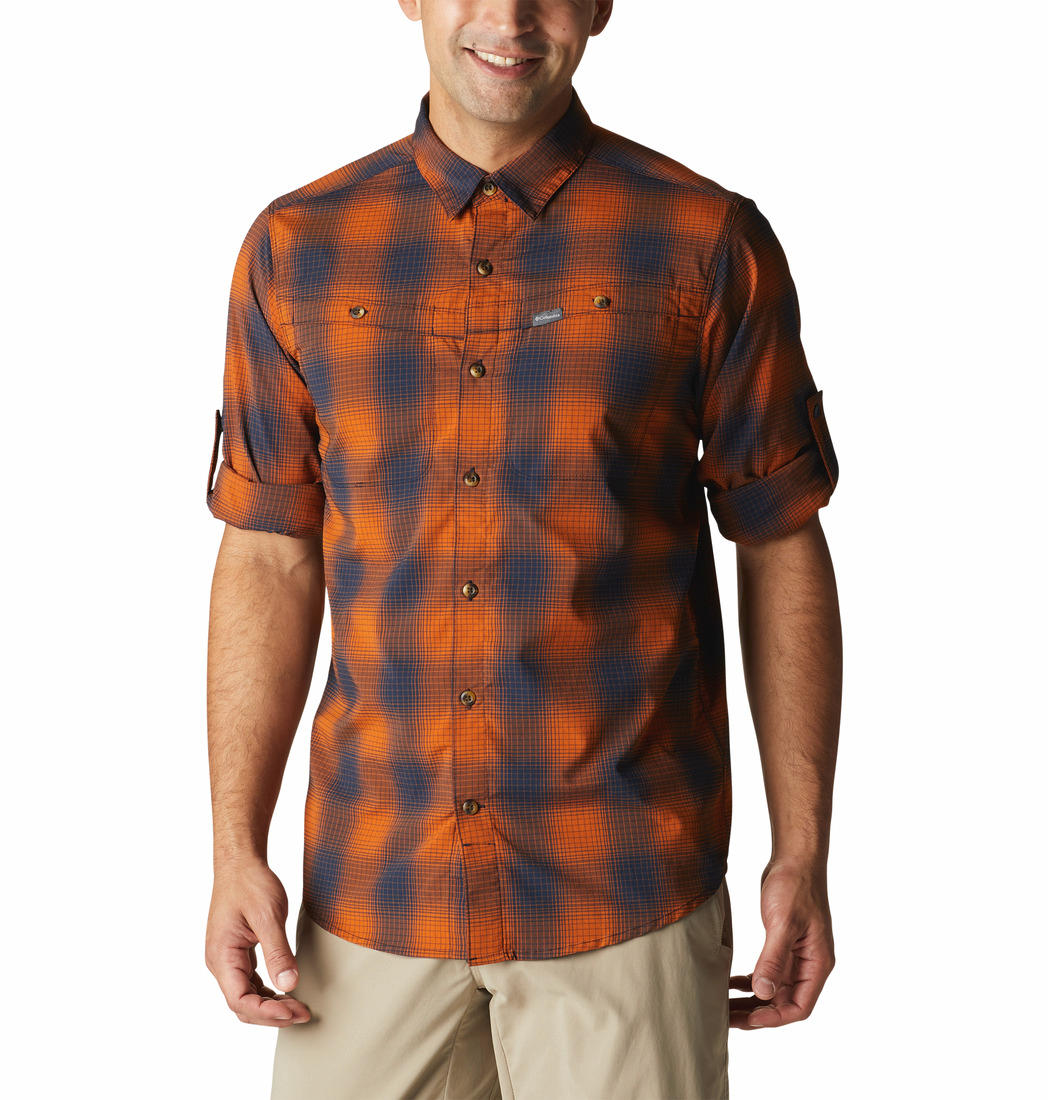 Columbia Men Orange Newton Ridge II Plaid Long Sleeve (Sun Protection)