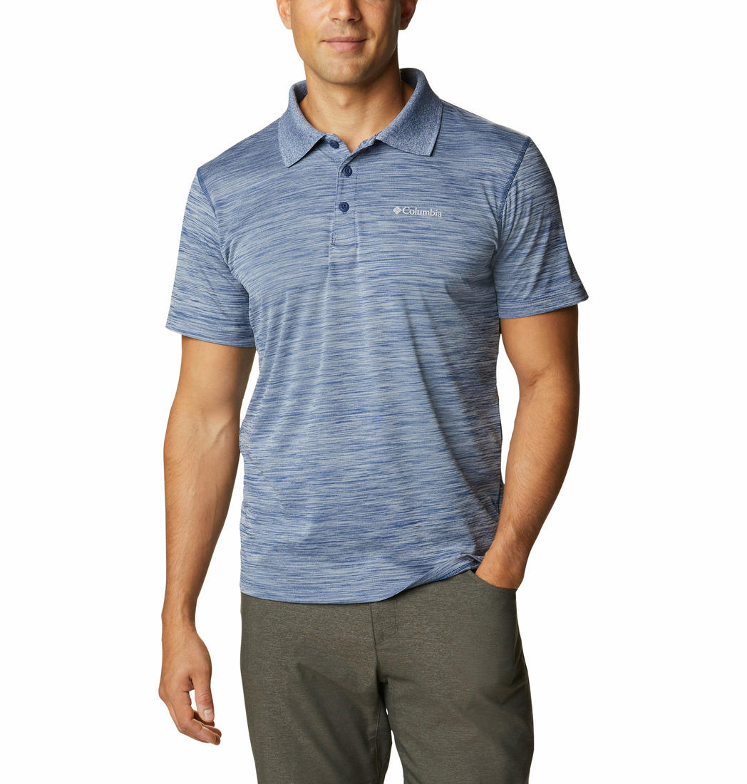 A Men Wearing Columbia Men Blue Zero Rules Polo Shirt (Sun Protection)