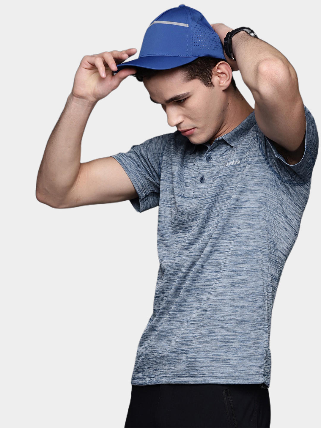 A Men Wearing Columbia Men Blue Zero Rules Polo Shirt (Sun Protection)