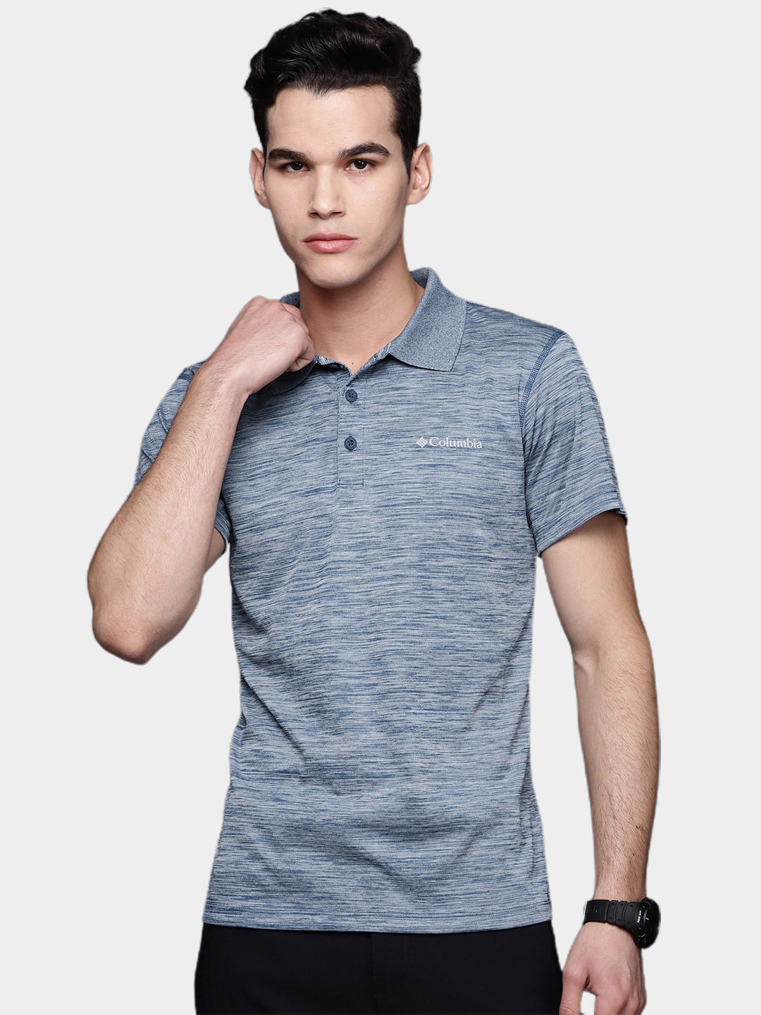 A Men Wearing Columbia Men Blue Zero Rules Polo Shirt (Sun Protection)