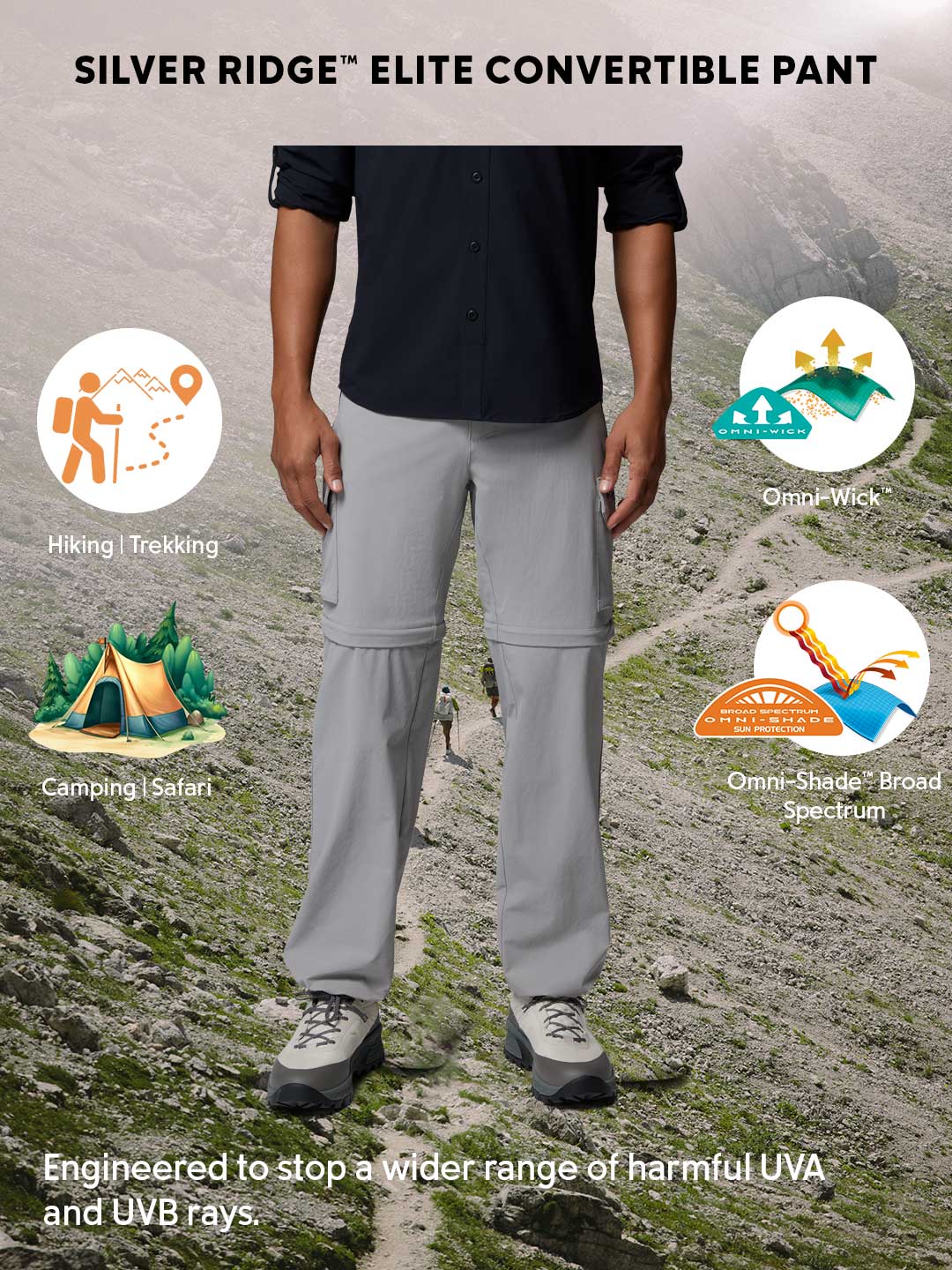 Columbia Men Grey Omni-Shade Silver Ridge Elite Convertible Pant