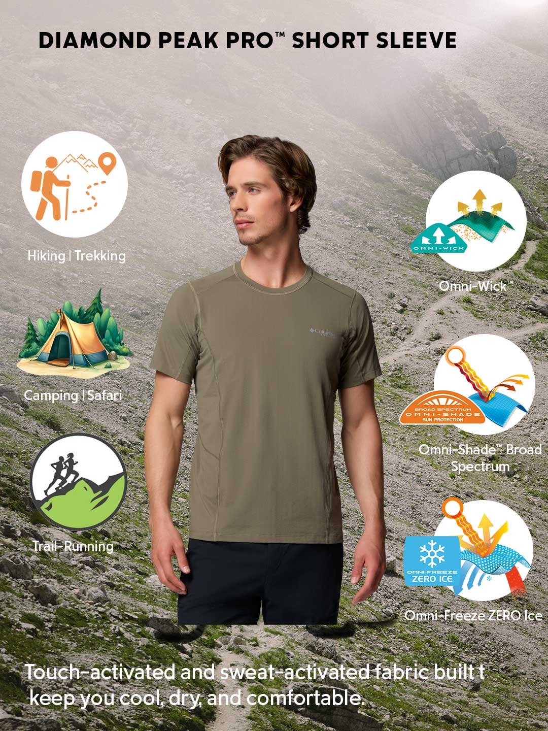 Columbia Men Olive Green Omni-Freeze Diamond Peak Pro Tshirt