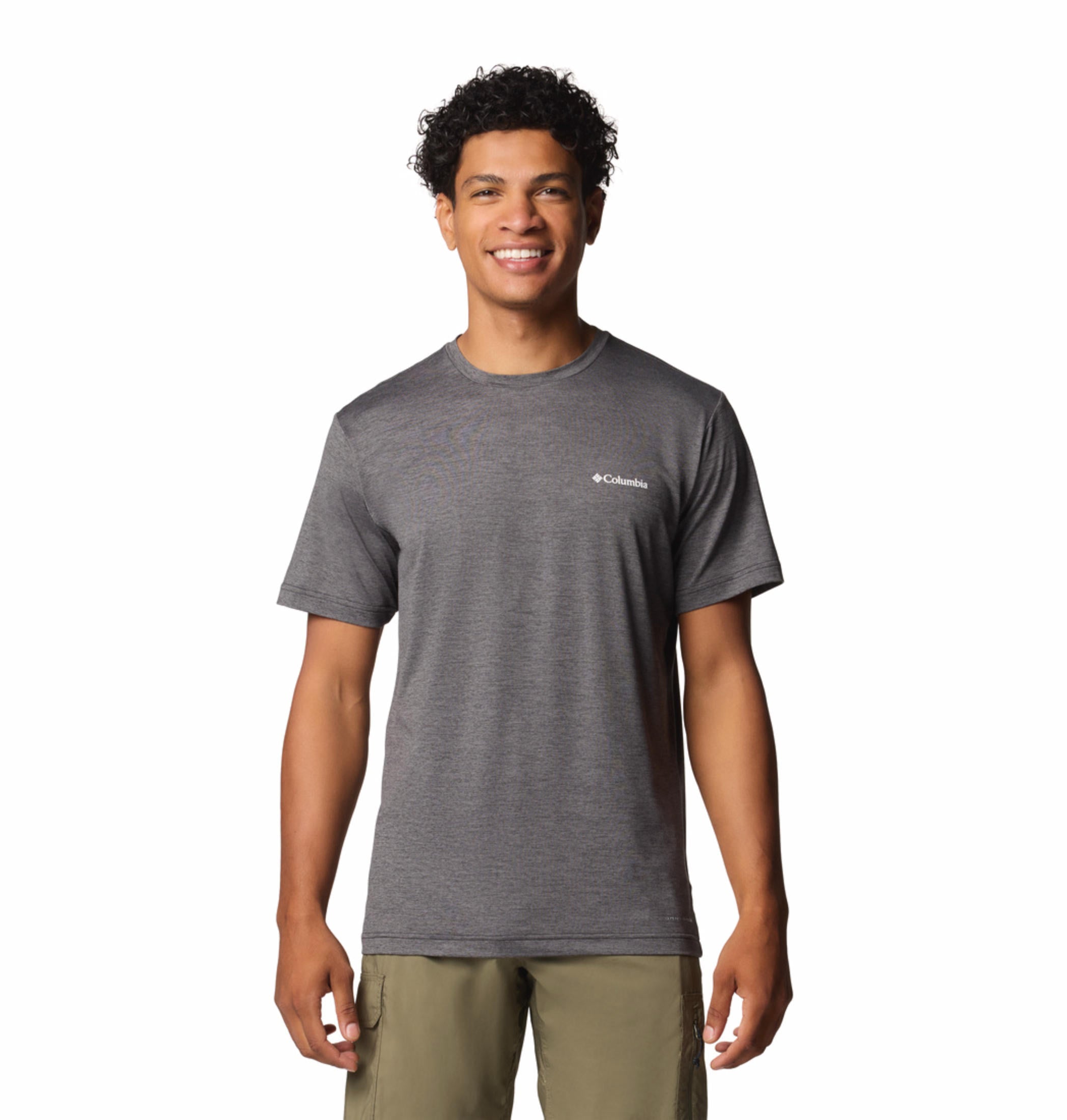 A Men Wearing Columbia Men Black Kwick Hike Back Graphic SS Tee (Sun Protection)