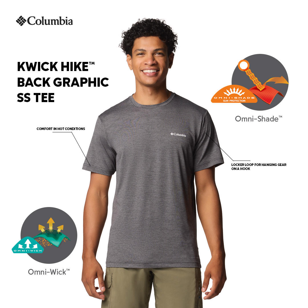 A Men Wearing Columbia Men Black Kwick Hike Back Graphic SS Tee (Sun Protection)