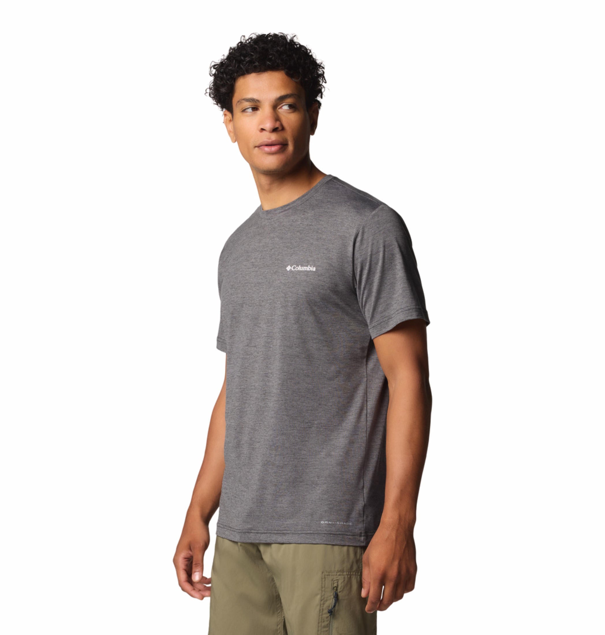 A Men Wearing Columbia Men Black Kwick Hike Back Graphic SS Tee (Sun Protection)