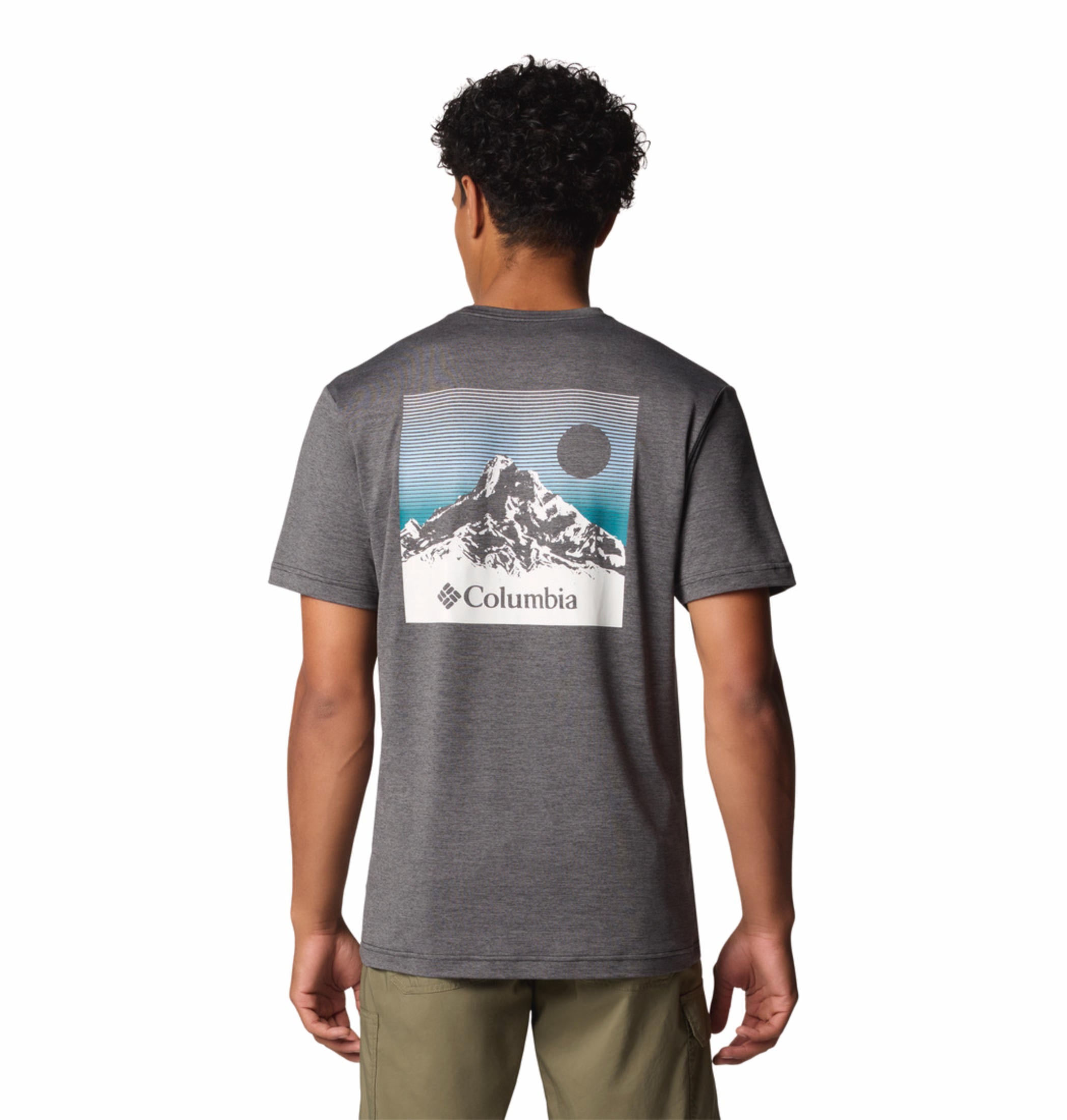 A Men Wearing Columbia Men Black Kwick Hike Back Graphic SS Tee (Sun Protection)
