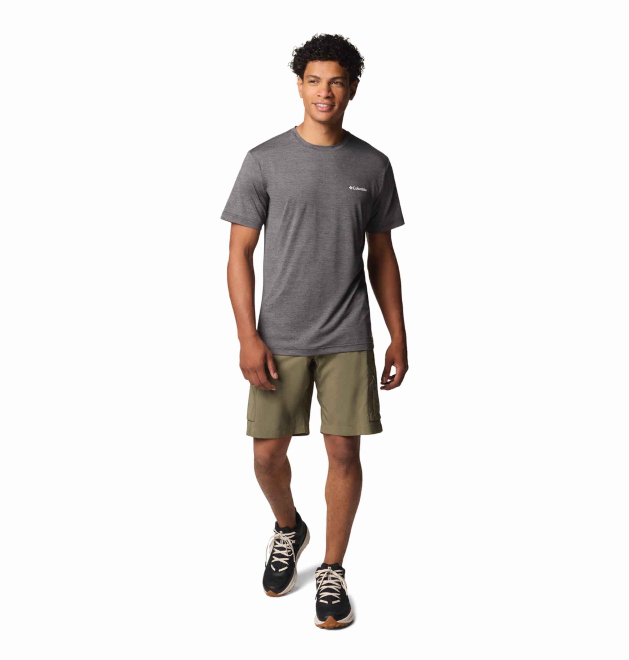 A Men Wearing Columbia Men Black Kwick Hike Back Graphic SS Tee (Sun Protection)