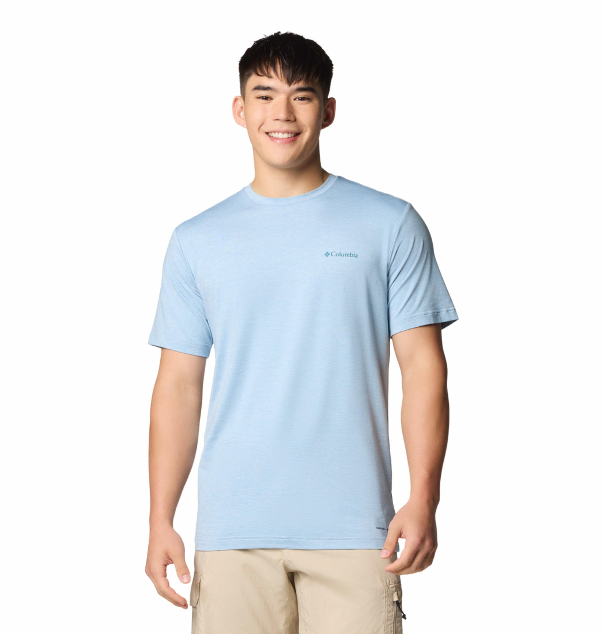 A Men Wearing Columbia Men Blue Kwick Hike Back Graphic SS Tee (Sun Protection)