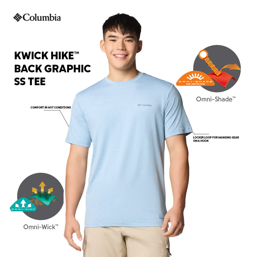 A Men Wearing Columbia Men Blue Kwick Hike Back Graphic SS Tee (Sun Protection)