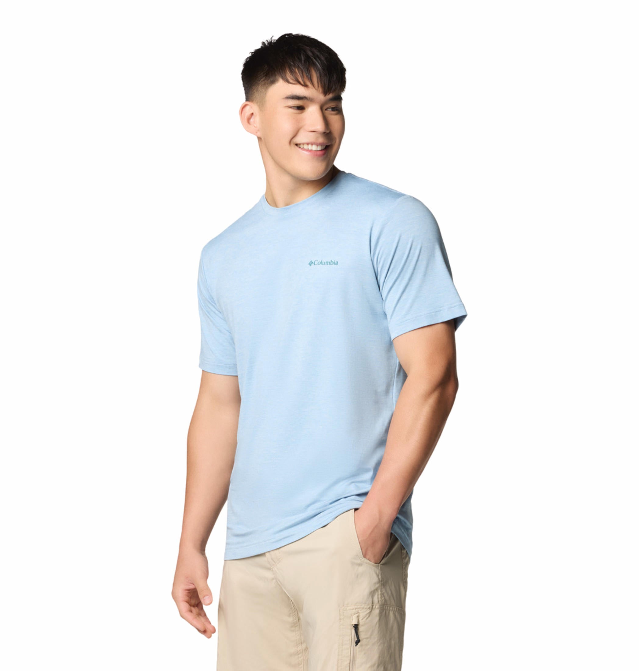 A Men Wearing Columbia Men Blue Kwick Hike Back Graphic SS Tee (Sun Protection)