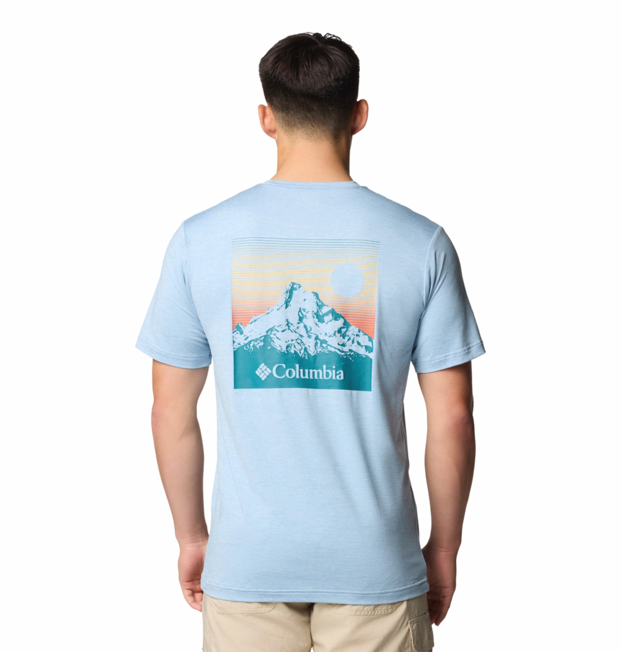 A Men Wearing Columbia Men Blue Kwick Hike Back Graphic SS Tee (Sun Protection)