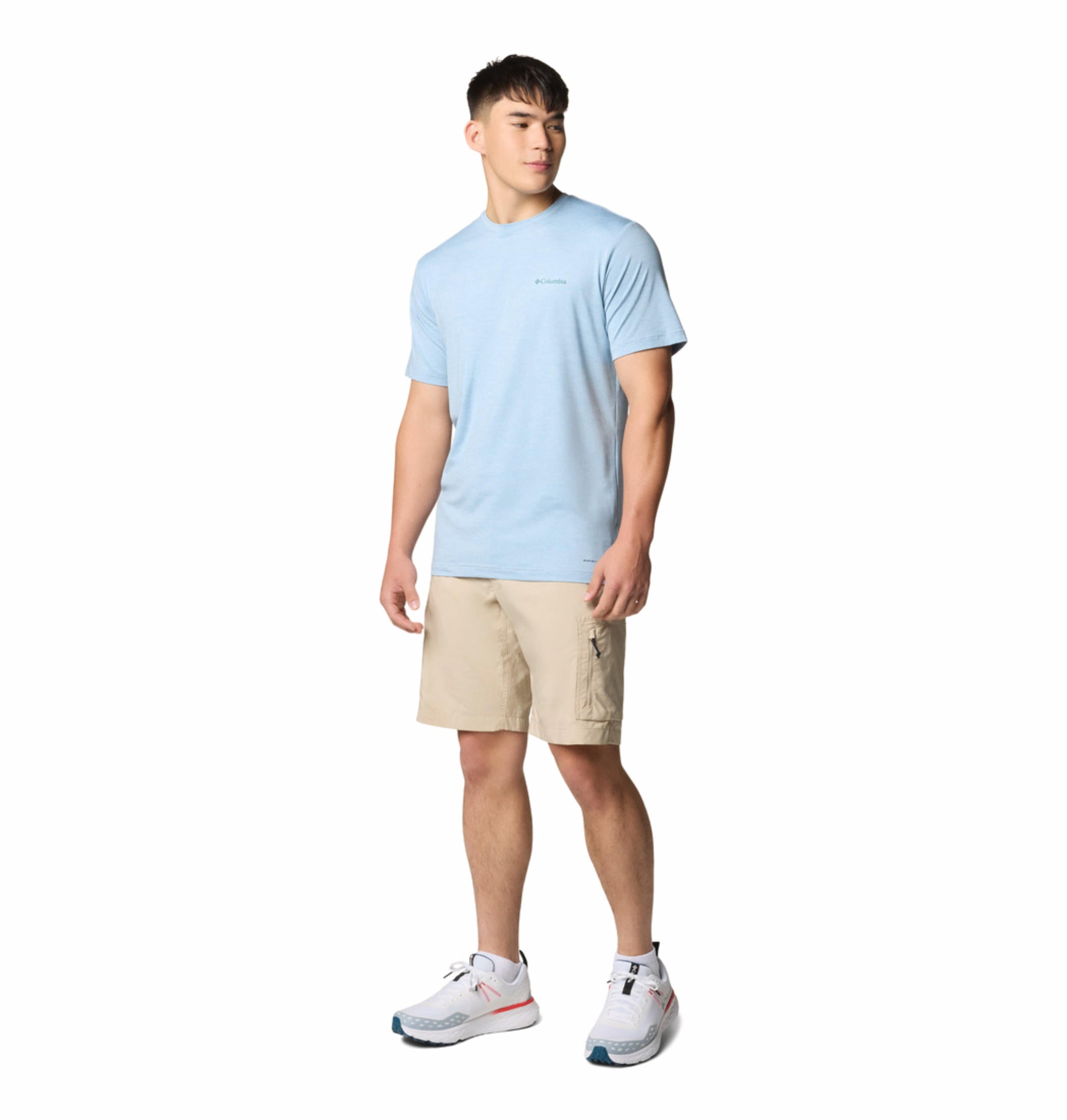 A Men Wearing Columbia Men Blue Kwick Hike Back Graphic SS Tee (Sun Protection)