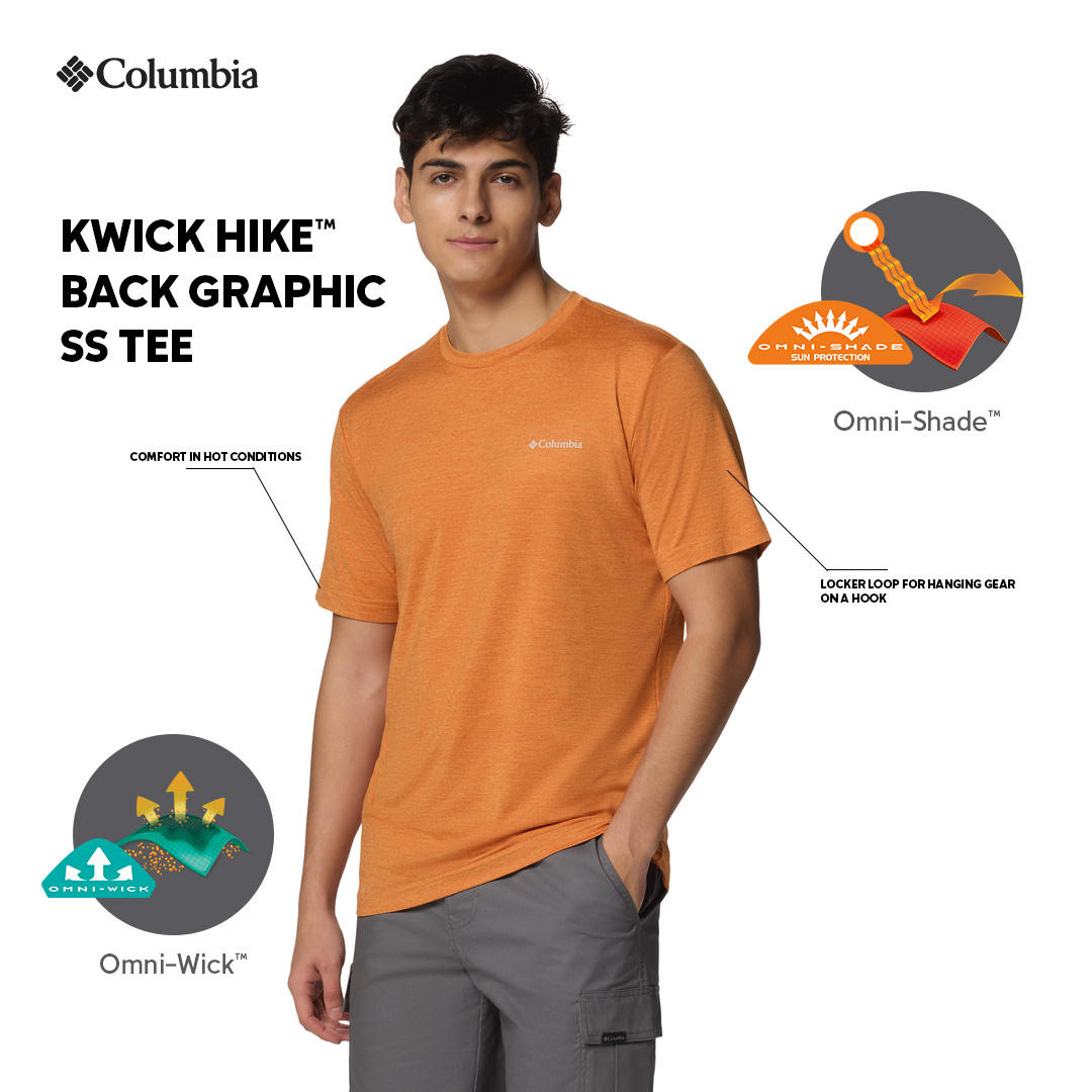 A Men Wearing Columbia Men Red Kwick Hike Back Graphic SS Tee (Sun Protection)