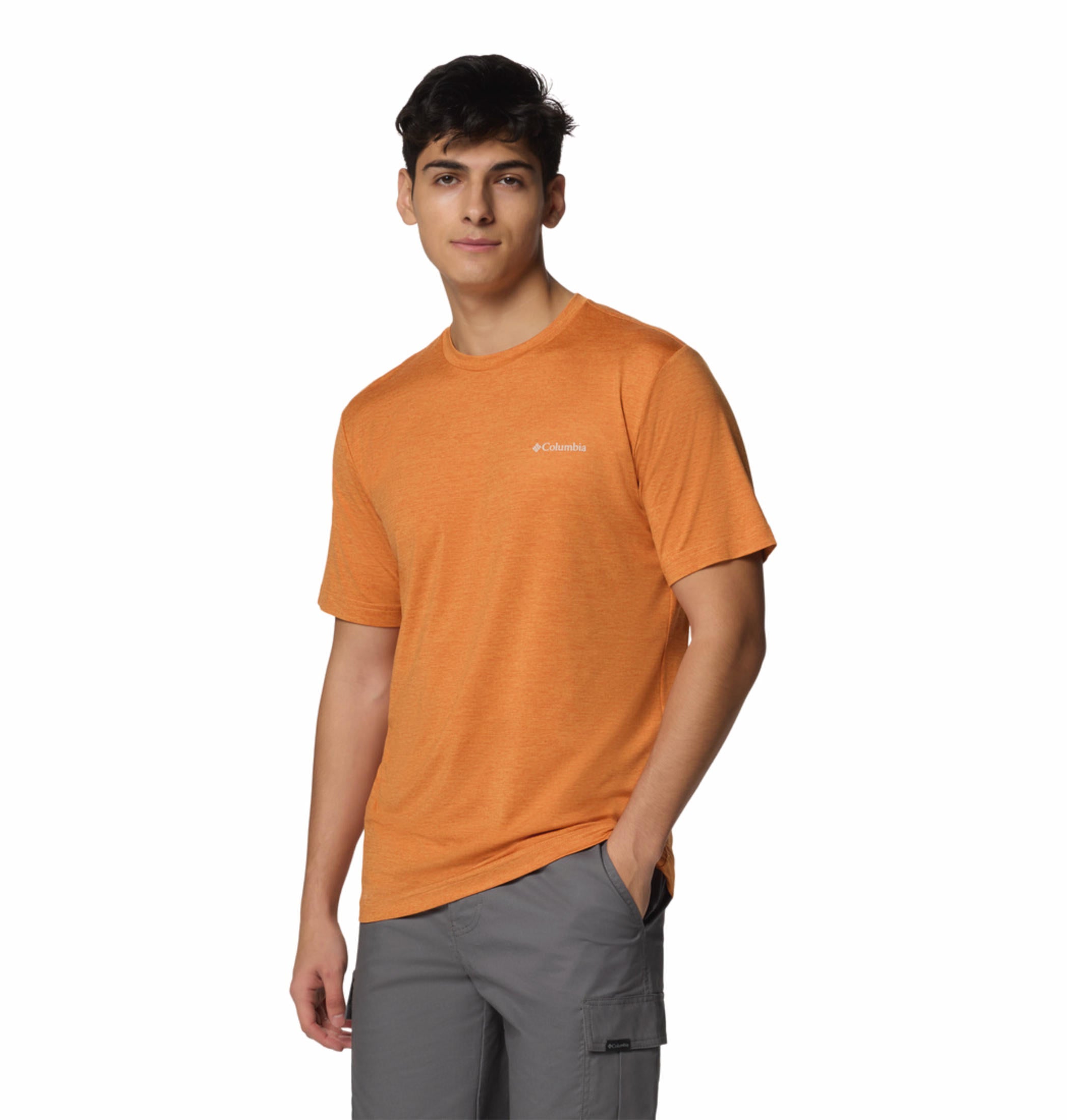 A Men Wearing Columbia Men Red Kwick Hike Back Graphic SS Tee (Sun Protection)