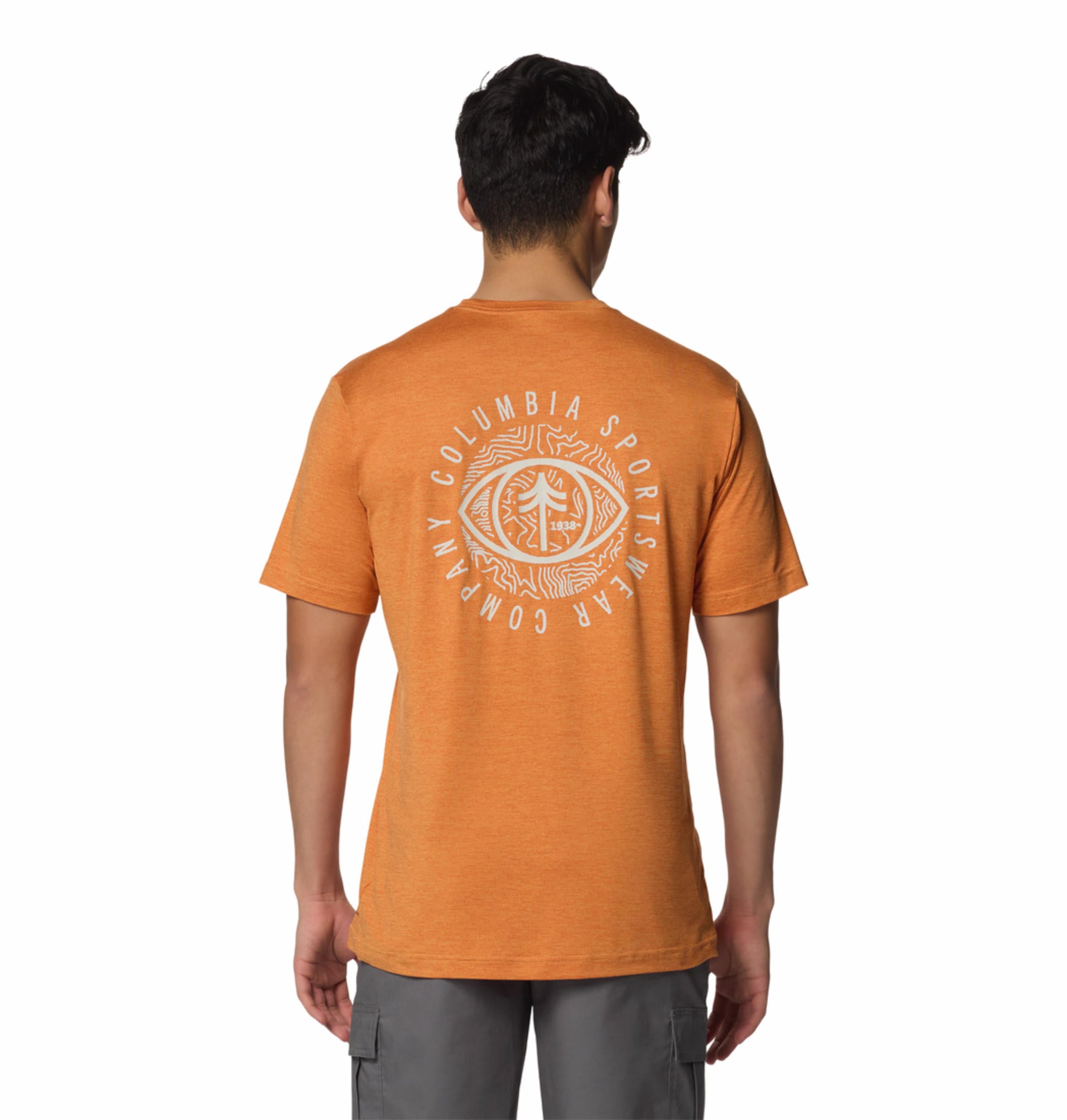 A Men Wearing Columbia Men Red Kwick Hike Back Graphic SS Tee (Sun Protection)