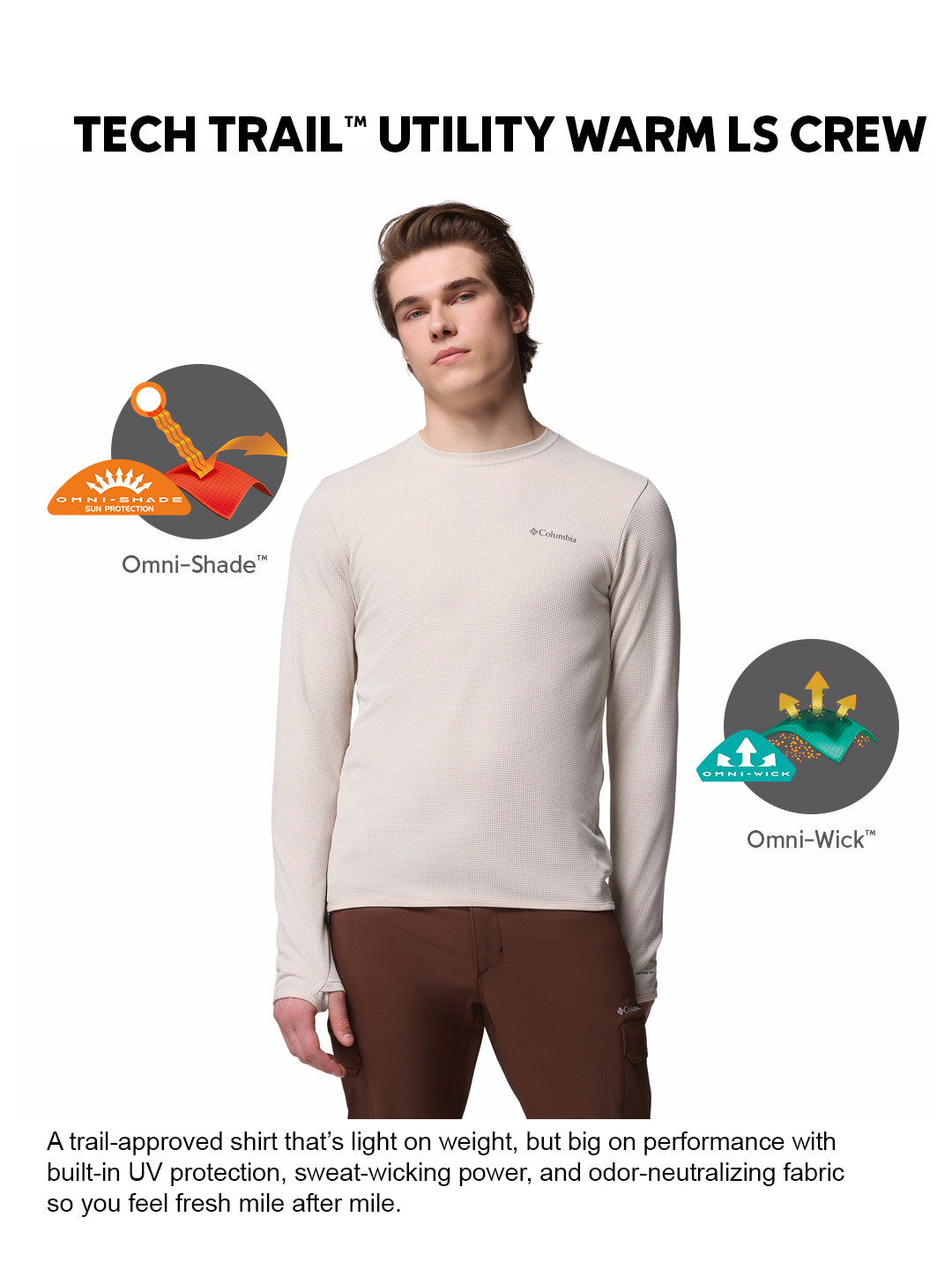 Columbia Men Beige Omni-Shade Tech Trail Utility Warm Tshirt (Sun Protection)