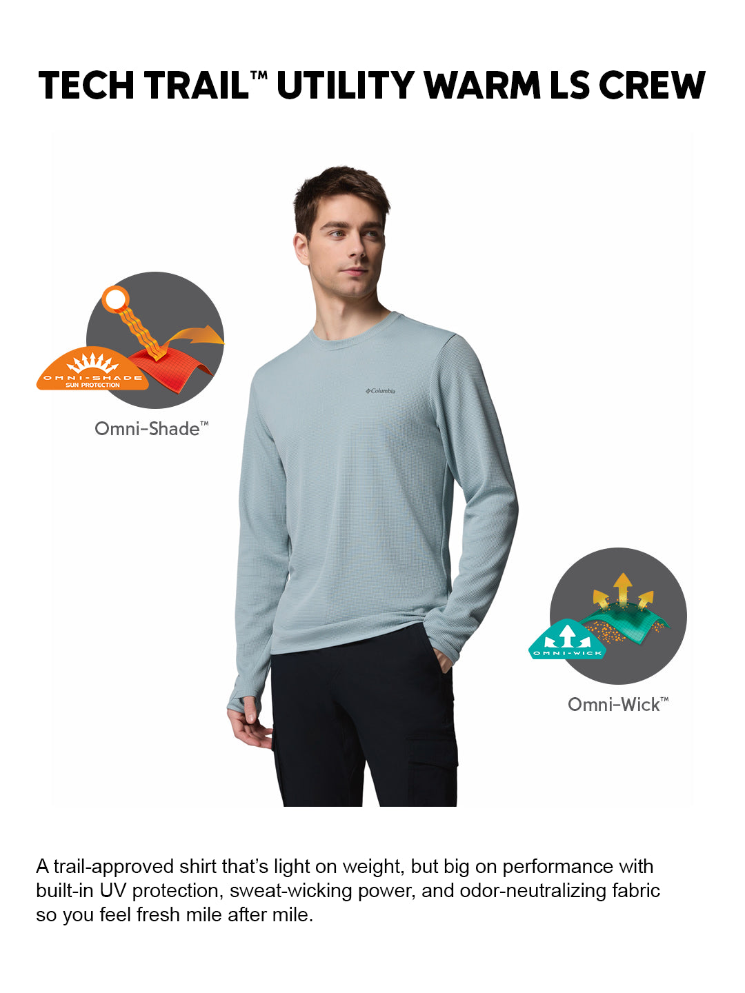 Columbia Men Blue Omni-Shade Tech Trail Utility Warm Tshirt (Sun Protection)