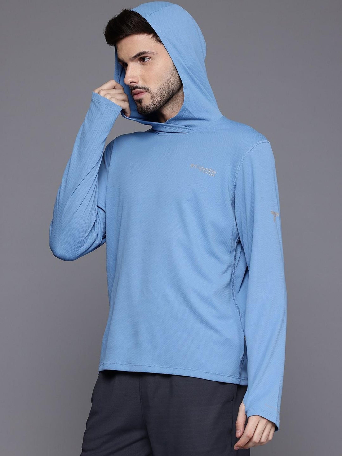 Columbia Mens Blue Omni-Shade Broad Spectrum Air Flow Summit Valley Hoodie Tshirt
