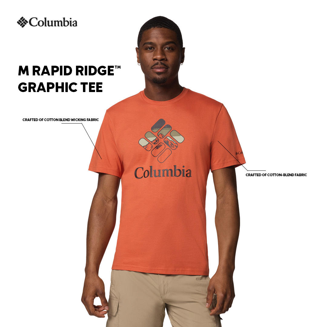 A Men Wearing Columbia Men Red M Rapid Ridge Graphic Tee