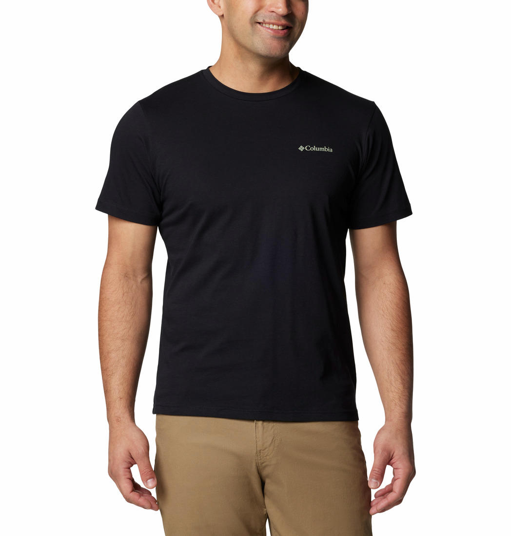 A Men Wearing Columbia Men Black Rapid Ridge Back Graphic Tee II