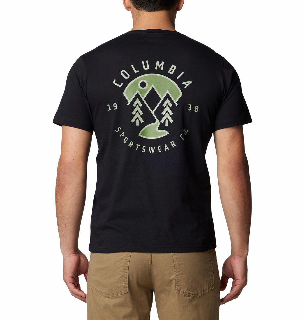 A Men Wearing Columbia Men Black Rapid Ridge Back Graphic Tee II