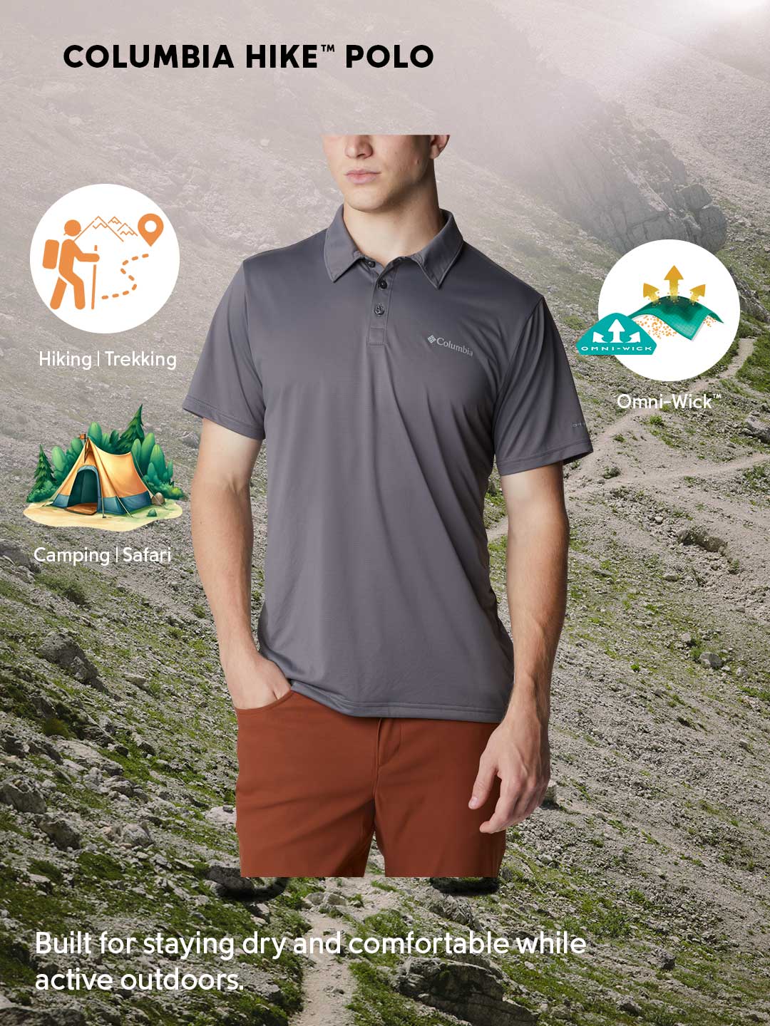 Columbia Men Grey Omni-Wick Hike Polo Tshirt