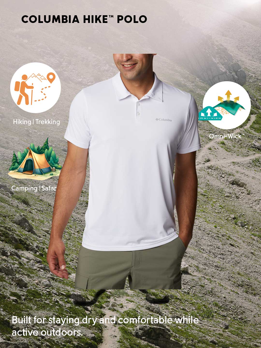 Columbia Men White Omni-Wick Hike Polo Tshirt