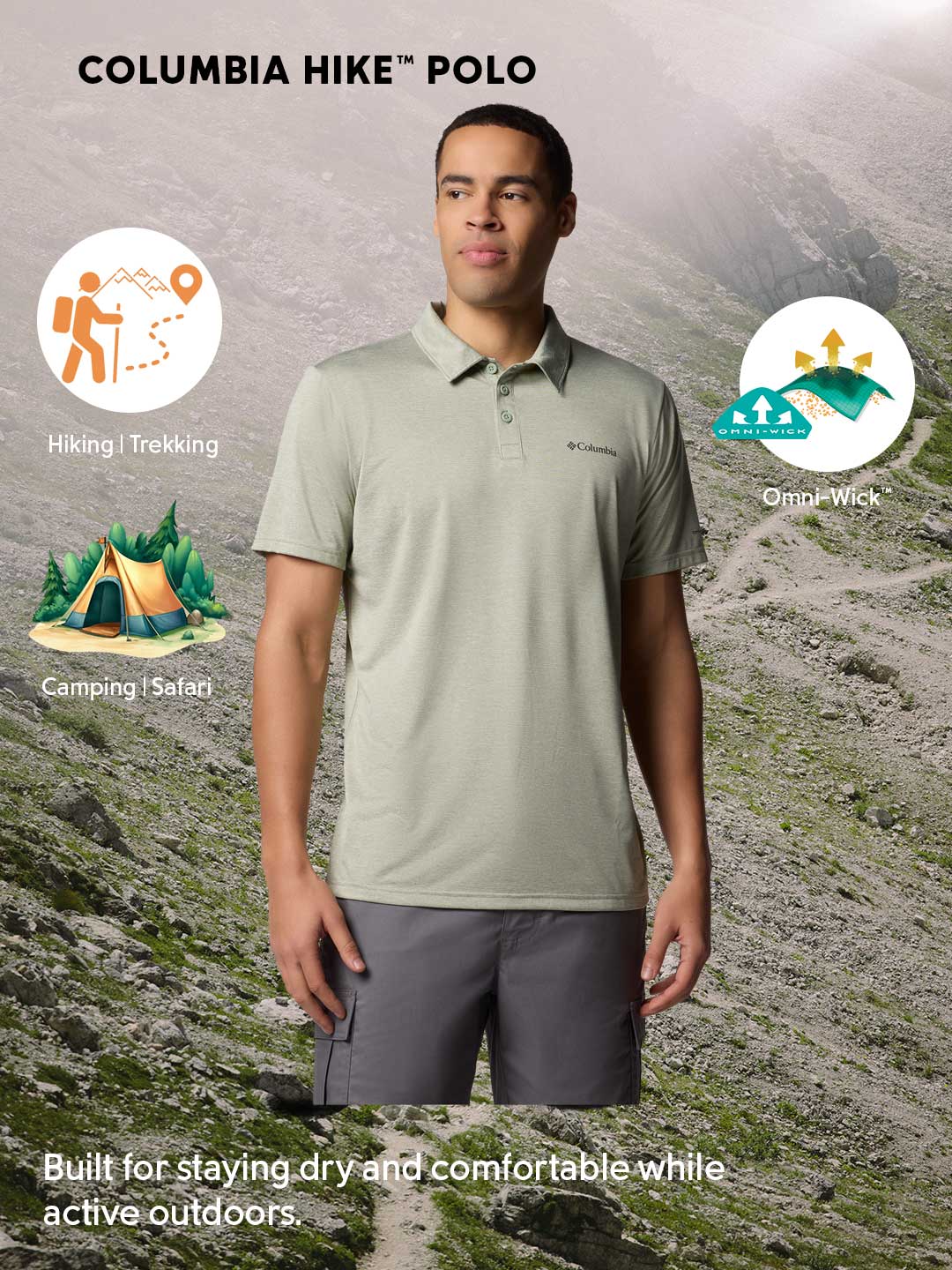 Columbia Men Green Omni-Wick Hike Polo Tshirt