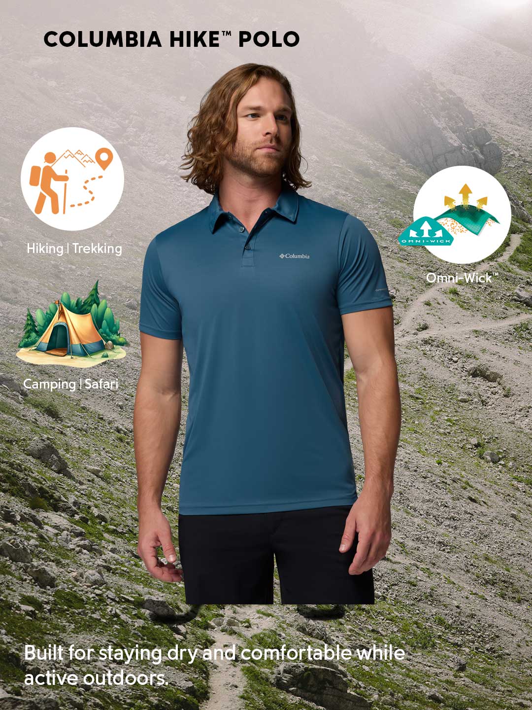 Columbia Men Blue Omni-Wick Hike Polo Tshirt
