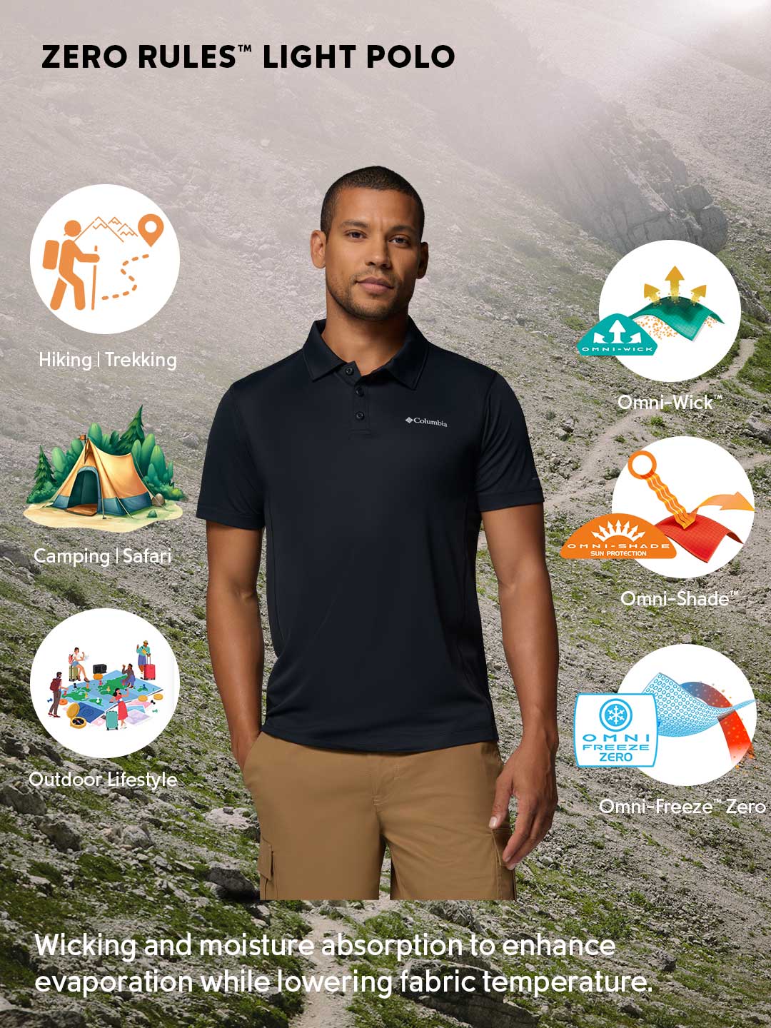 Columbia Men Black Omni-Freeze Zero Rules Polo Tshirt