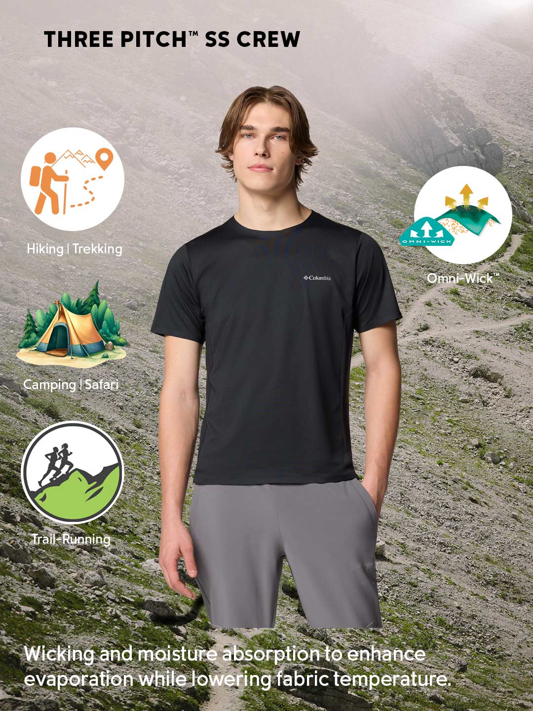 Columbia Men Black Omni-Wick Three Pitch Tshirt