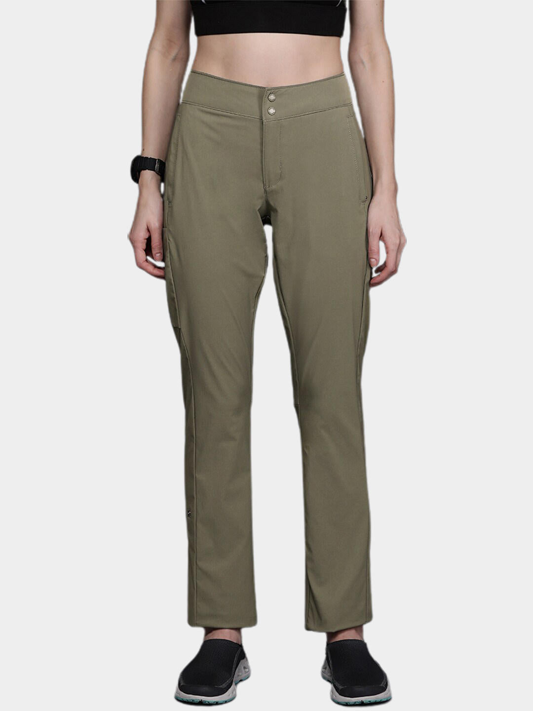 A Women Wearing Columbia Women Green Firwood Core Pant (Sun Protection)
