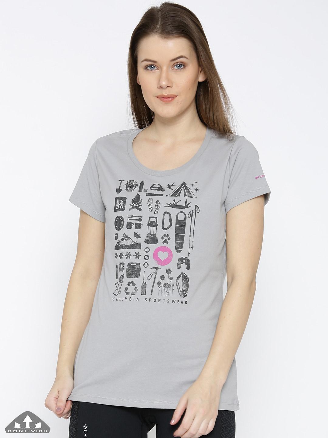 A Women Wearing Columbia Women Grey Camp Stamp Performance Tee