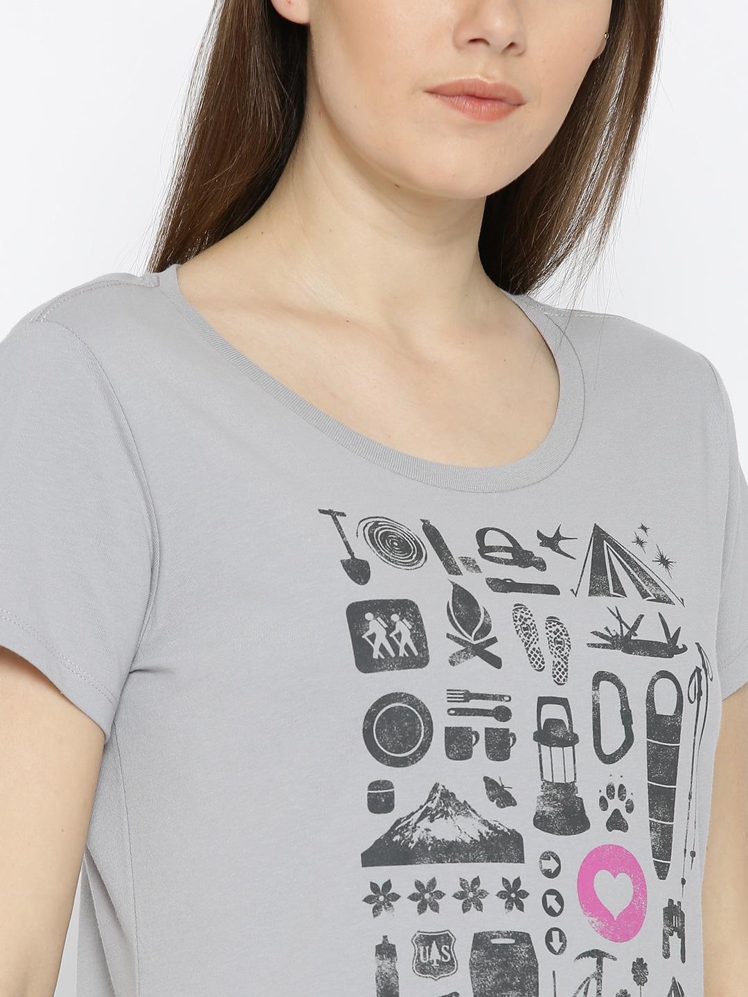 A Women Wearing Columbia Women Grey Camp Stamp Performance Tee